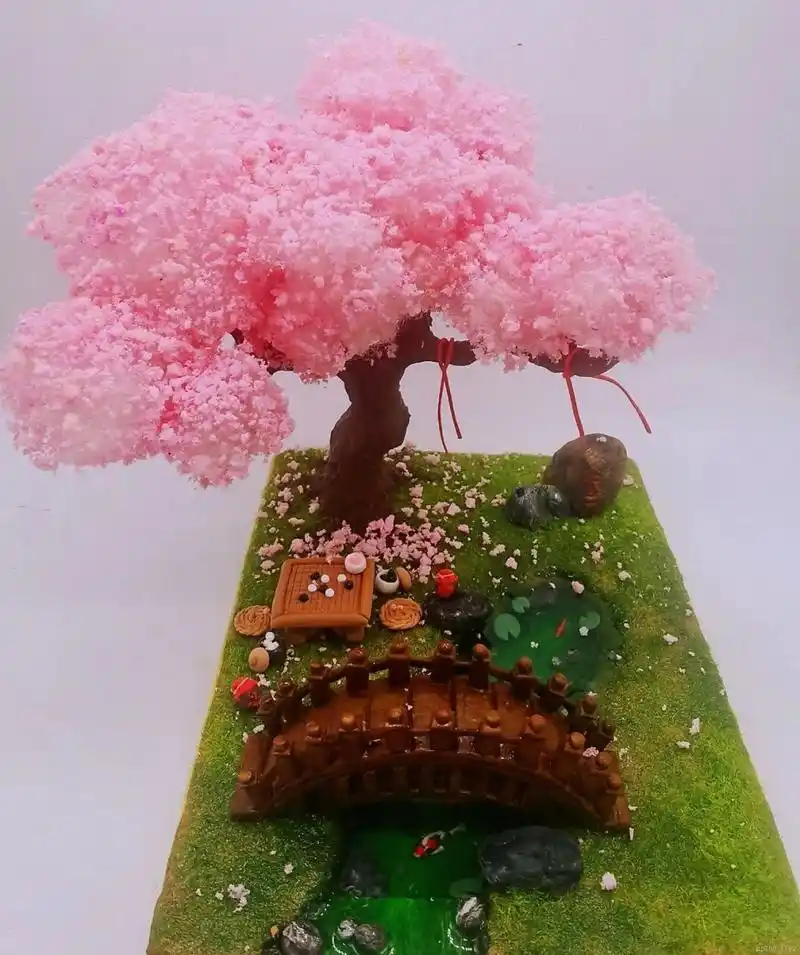 超轻粘土场景手作  古风小桥流水桃花 像不像《三生三世十里桃花》的