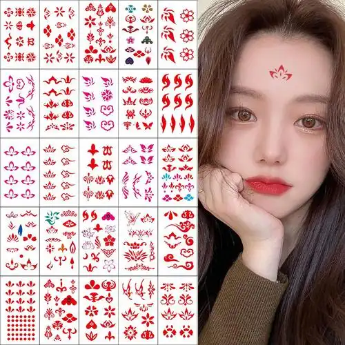 花钿眉心贴汉服古装花印美人纹身贴防水女持久性感写真额头贴纸30