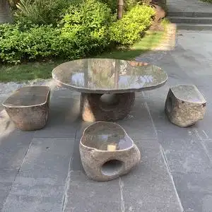 石桌石凳庭院花园天然鹅卵石户外阳台家用石头桌子室外公园石桌椅