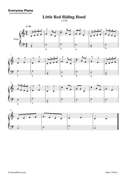 小红帽五线谱预览1-钢琴谱文件(五线谱,双手简谱,数字谱,midi,pdf)