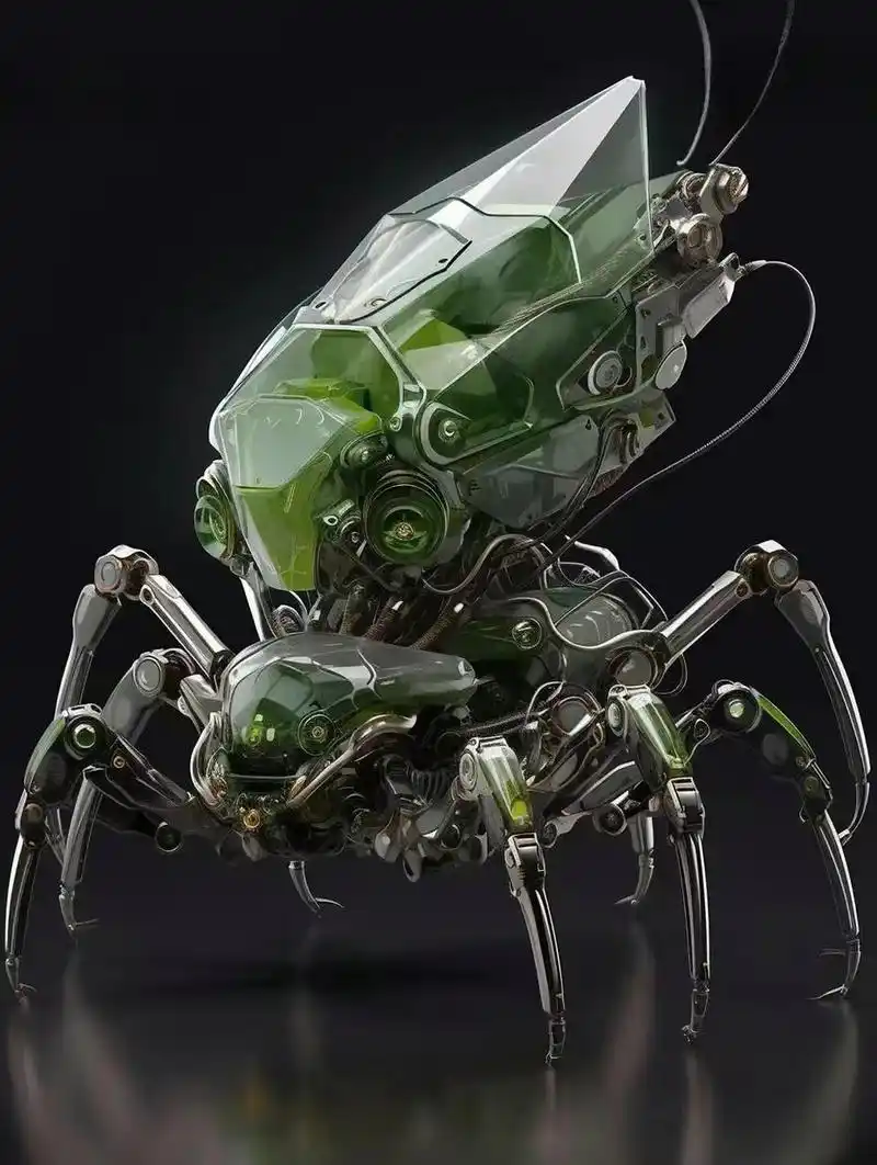 一组ai生成的昆虫机甲,翠绿色与透明件结合,科技感十足,by ohwgo.