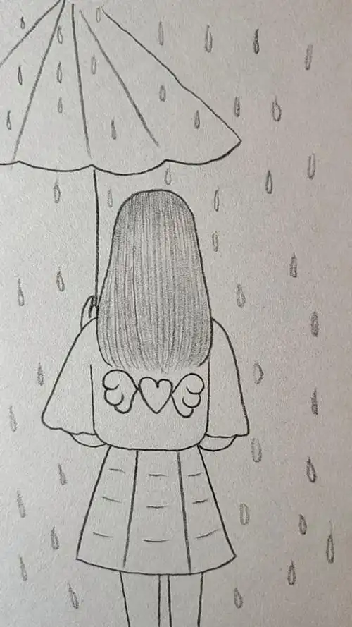 画雨中的女孩背影