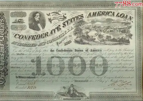 1863年美利坚联盟国美国南部联邦债券1000美元南北战争公债