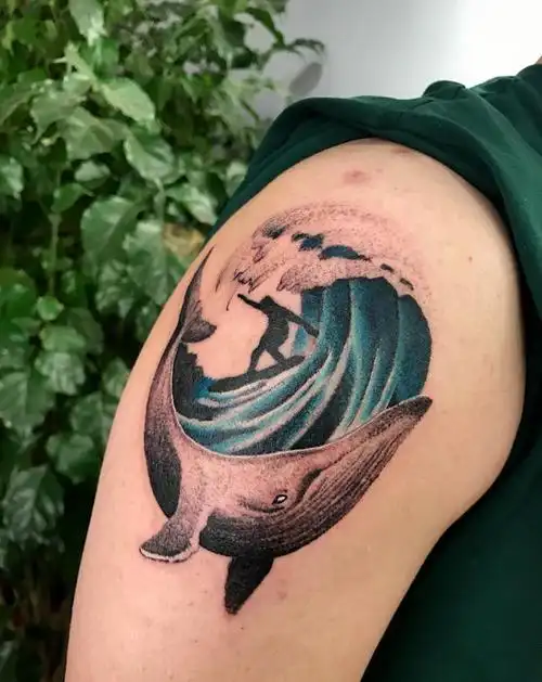鲸纹身图片肩部手臂点刺水彩鲸鱼海浪浪花纹身图案