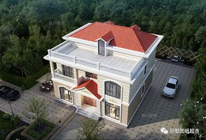 本户型采用坡屋顶,红色英红瓦,米色的真石漆外墙,外观造型简洁大方,各