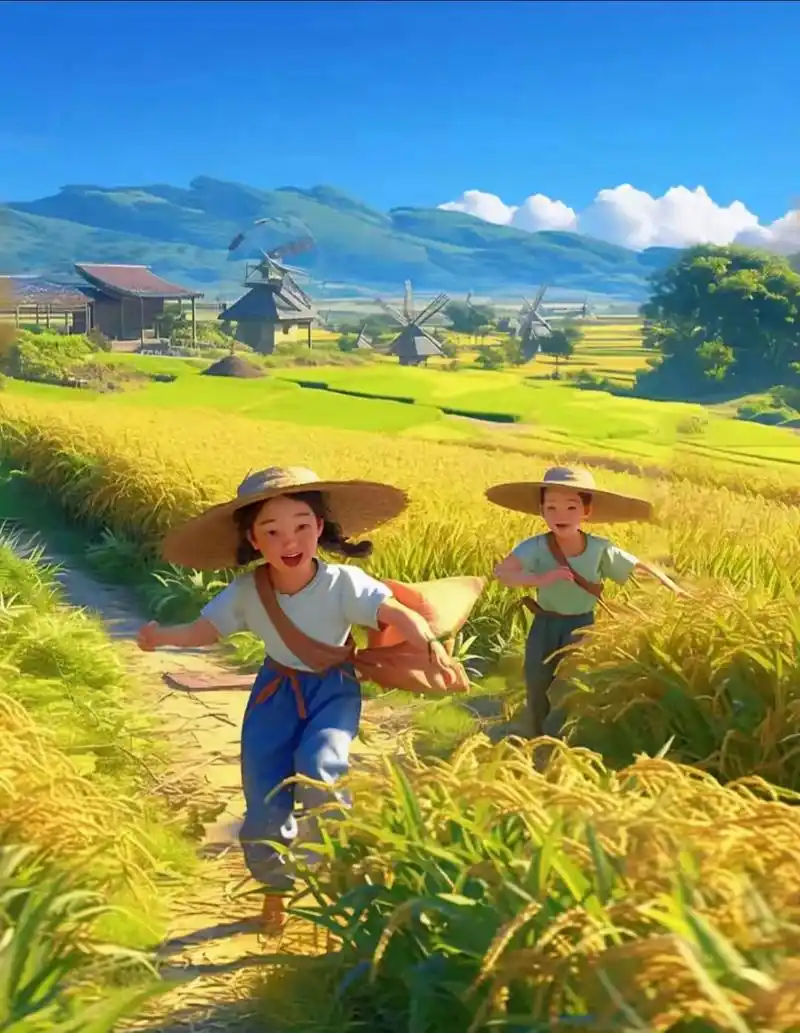儿时回忆•童趣 稻田玩耍忆儿时,风车下面嬉游戏