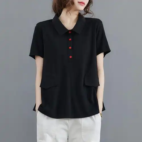 淘宝纯棉t恤女夏黑色短款上衣宽松夏季遮肚子翻领polo大码女士短袖衫