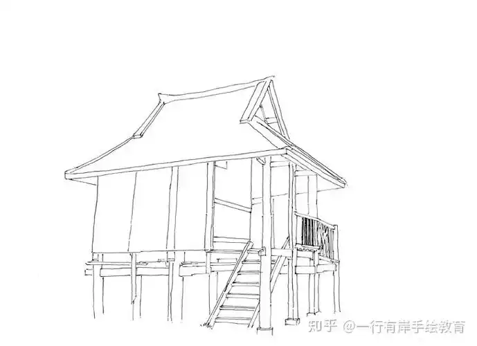一行手绘钢笔画 傣族竹楼60