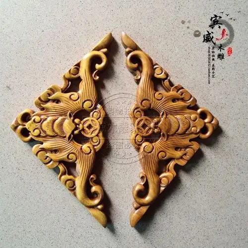 东阳木雕挂件樟木雕刻蝙蝠角花实木吊顶贴花家居饰品装饰角花包邮淘宝
