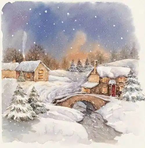 水彩雪景冬天雪景水彩画冬天夜晚雪树卡通水彩设计动漫动画风景漫画