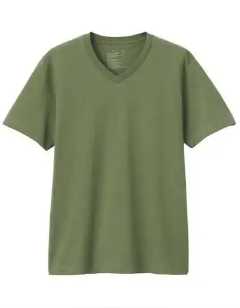 无印良品muji男式印度棉天竺编织v领短袖t恤卡其绿m