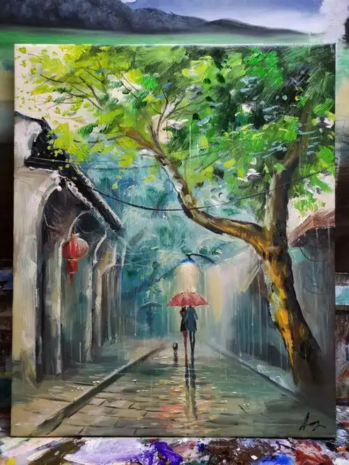 纯手绘雨中系列绘画过程记录5060cm