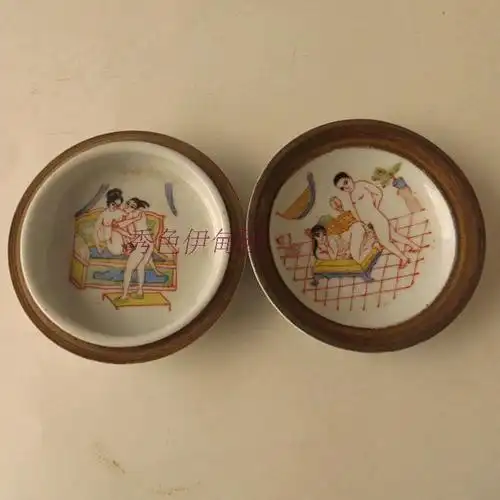 性文化瓷器收藏笔洗胭脂盒春宫画工摆件一套4个