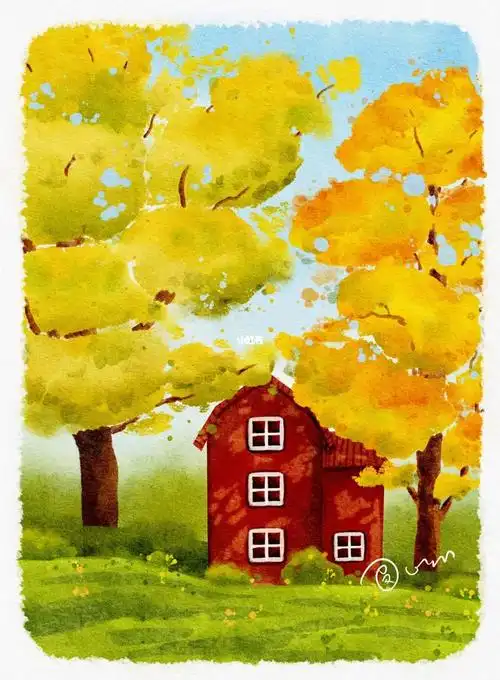 风景水彩练习秋天的小房子