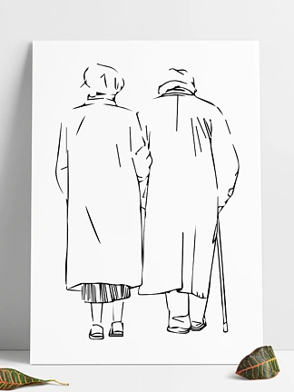 老人线稿散步夫妻 i>背 /i> i>影 /i>拄着拐杖icon元素