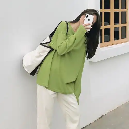 热销罩衫女宽松_爱蔷薇大码牛油果绿t恤长袖打底针织衫女秋装薄款中长