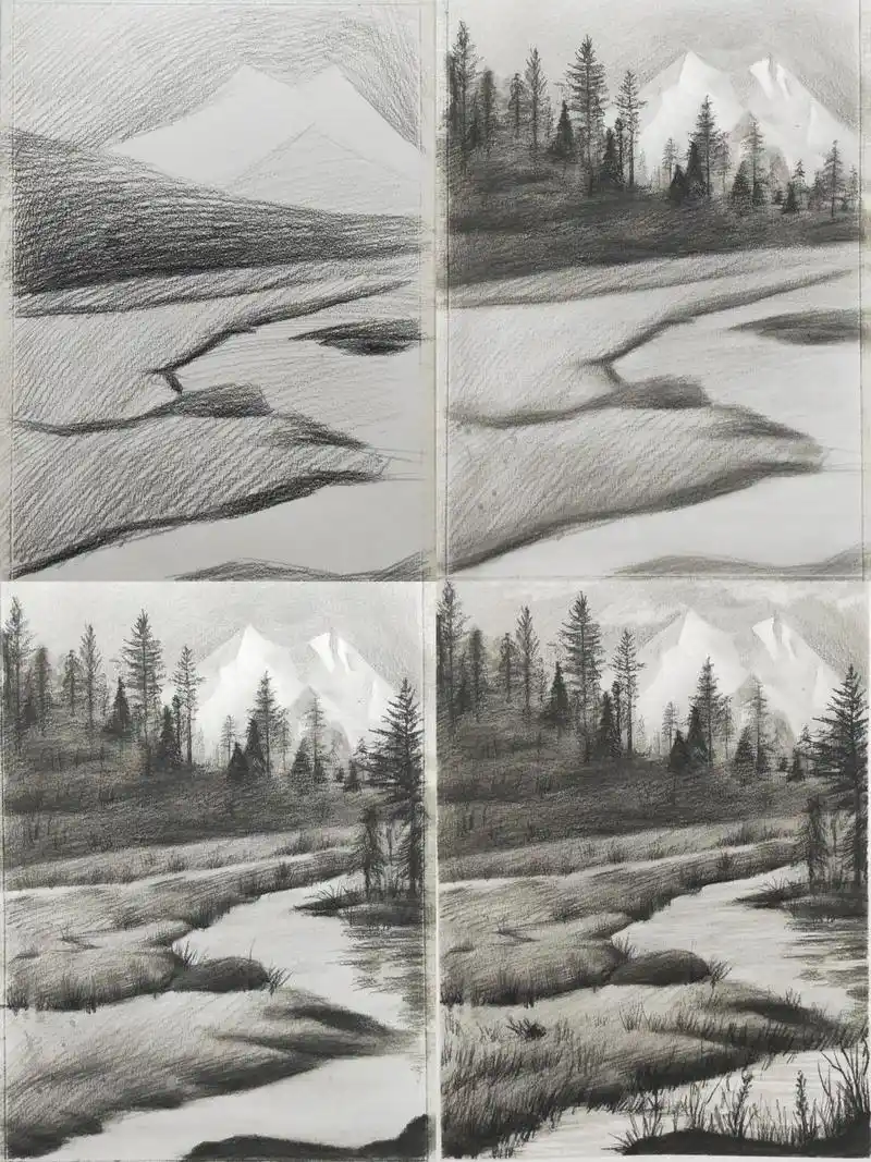 素描风景 绘画步骤.夏日河谷95～ #素描 #一学就会系列  - 抖音