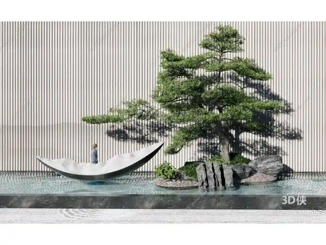 新中式假山水景景观小品 景观墙 雕塑松树水景【id:798691440】