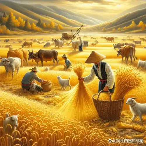 金色丰收,牧民劳作欢乐,工笔人物画中的收割季节