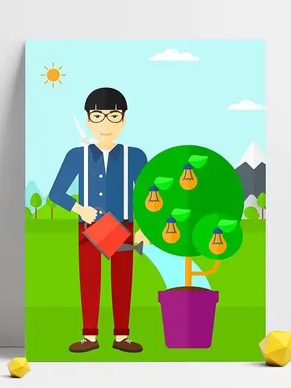 站立在与山的背景和浇灌树的一个亚裔人生长在有电灯泡的罐的树 i>开