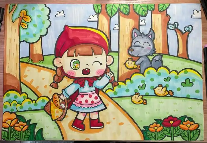 儿童画小红帽和大灰狼