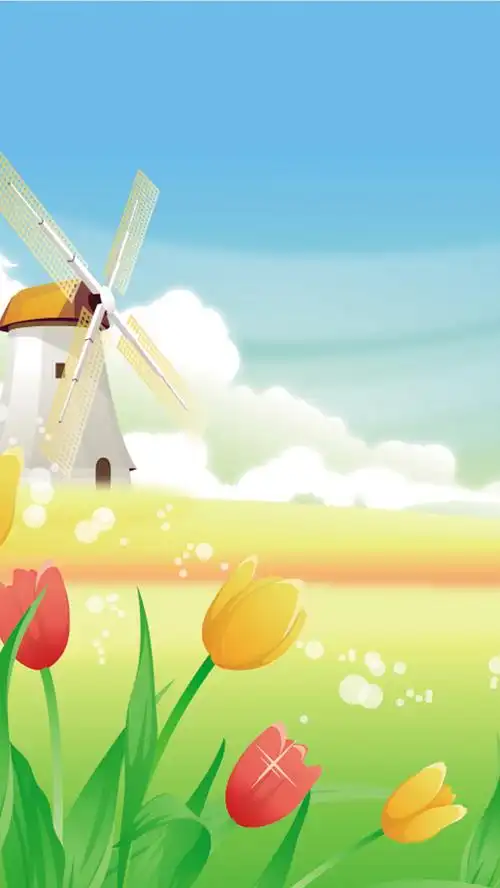 关键词 : 郁金香,卡通,唯美,蓝天,风车,童趣,手绘
