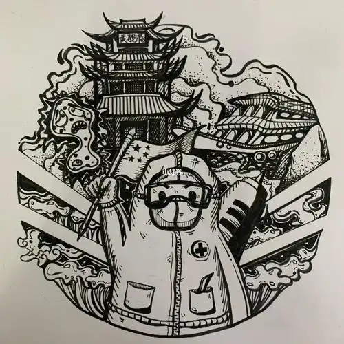 黑白装饰画原创战疫艺术考研