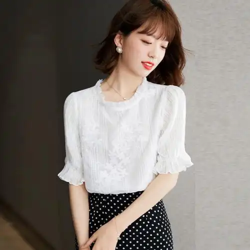 喇叭袖短袖雪纺衫女设计感小众2021年夏季新款甜美洋气遮肚子上衣