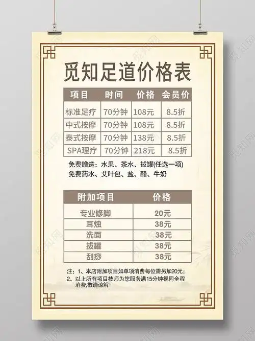 黄色简约足道足浴价格表宣传海报psd