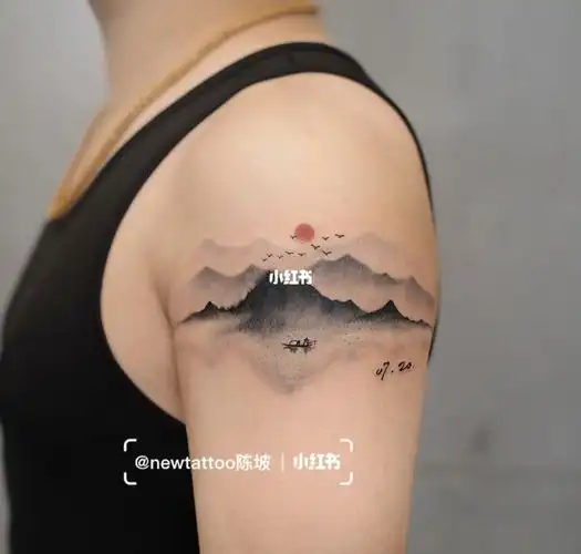水墨纹身北京纹身山水大臂纹身