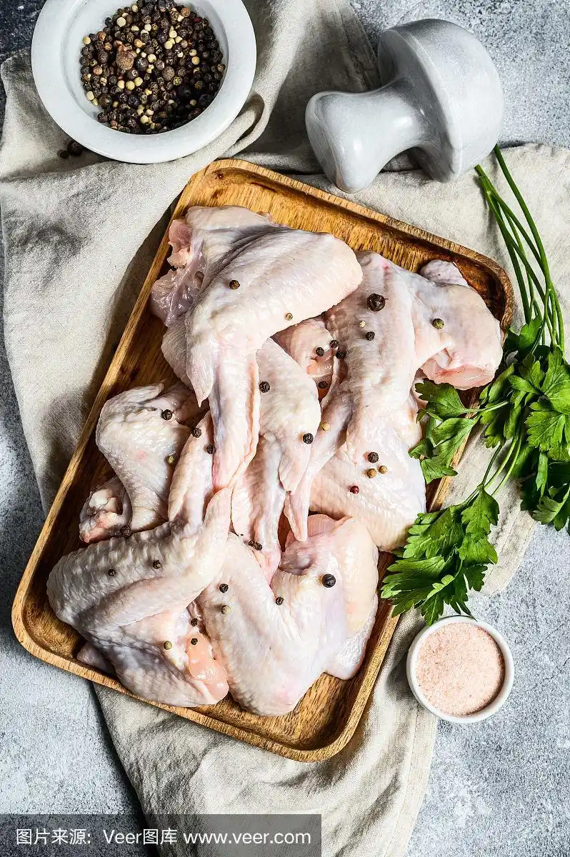 生火鸡翅膀.农场有机家禽.前视图.灰色背景