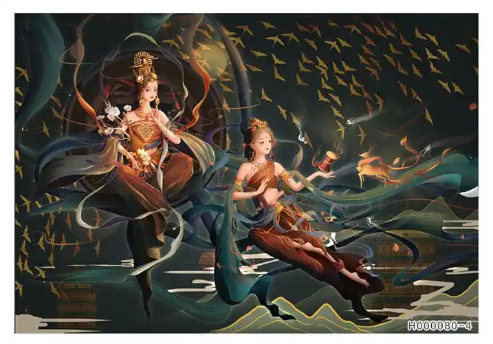 新中式敦煌飞天凤凰壁布手绘抽象电视背景墙布高端客厅沙发壁画 【整