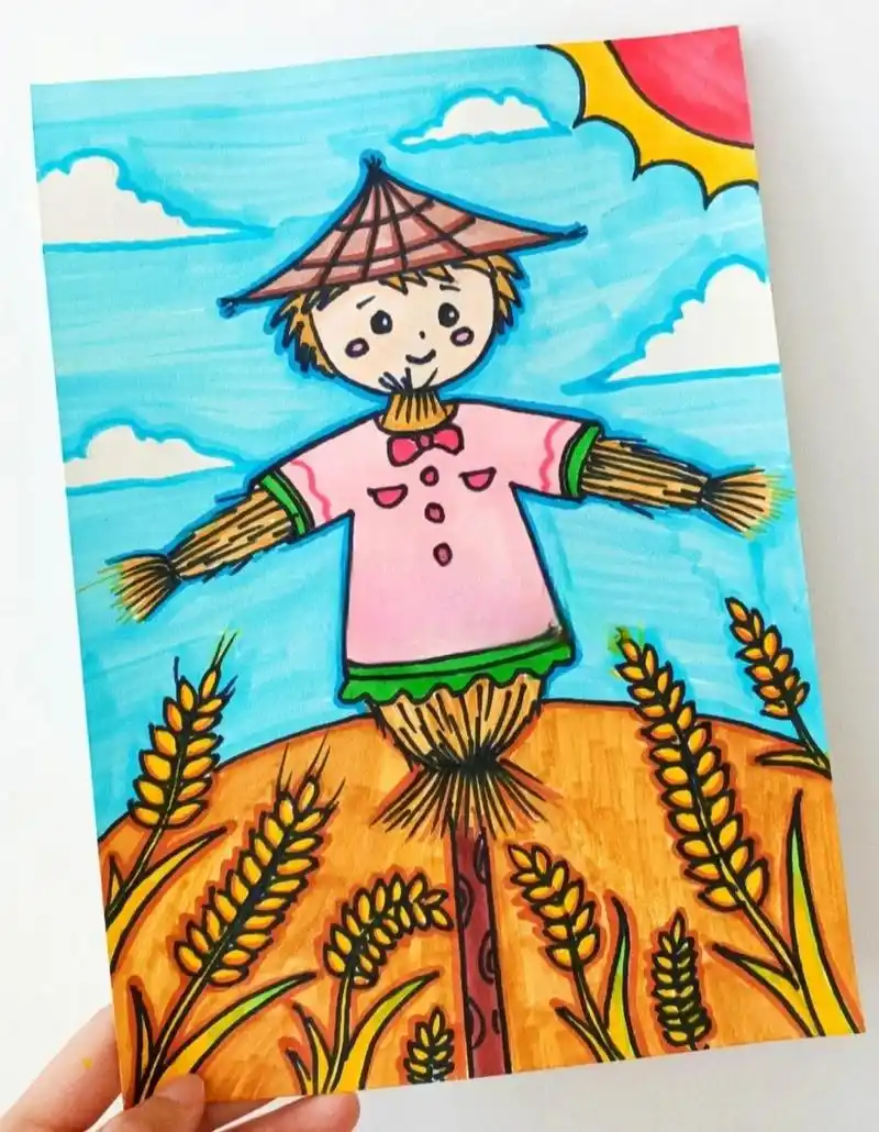 儿童简笔创意卡通画稻田里稻草人麦田守望者 原创!