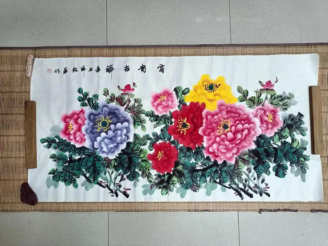 王绍华国画牡丹136*68厘米收藏级牡丹花开富贵 - 抖音