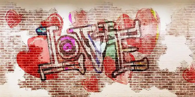 红色绘画涂鸦红心love红砖墙涂鸦情人节love背景展板背景
