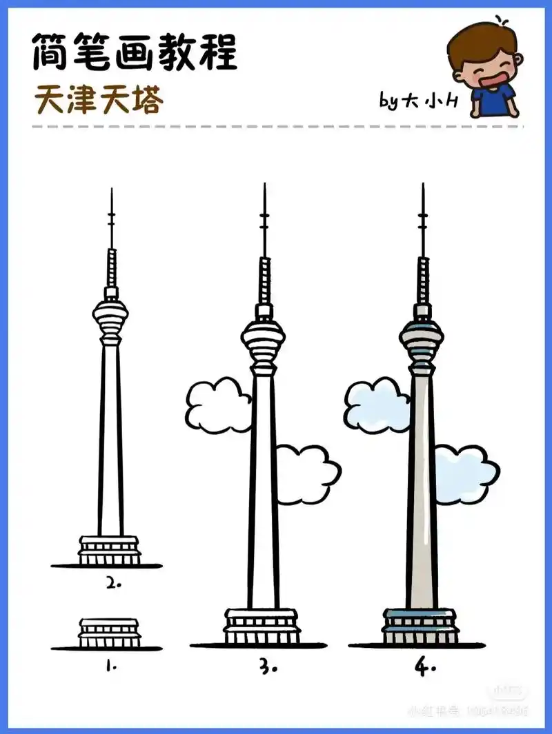 天津广播电视塔,地标建筑简笔画教程34.如何画天津天塔?|地 - 抖音