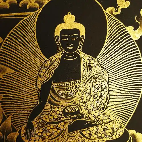 混合金药师七佛多尊黑金唐卡 尼泊尔画师gyamcho lama作品 5074