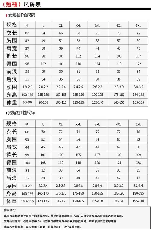 短袖尺码表