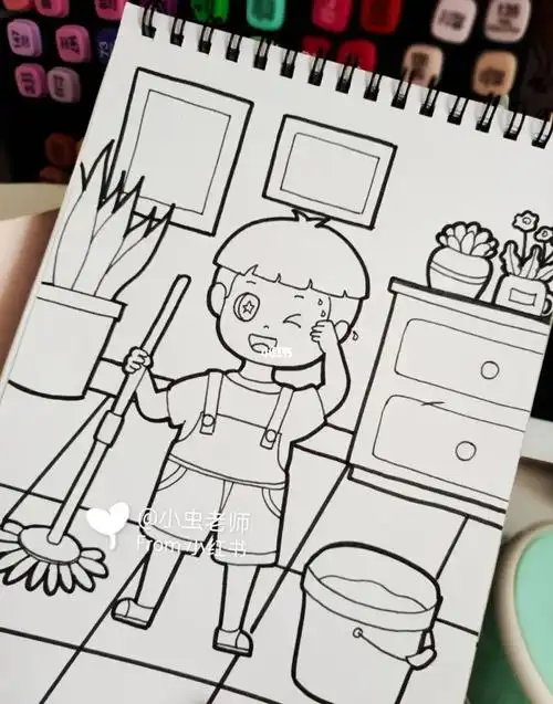 我爱劳动儿童画劳动节主题画大扫除