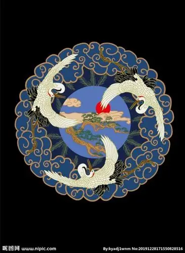 中国古典仙鹤流云松柏红日纹样图片