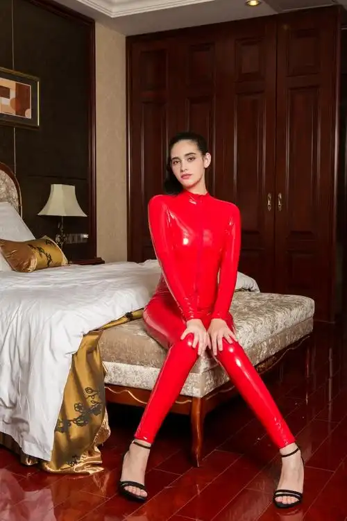 服紧身包臀拉链连体皮衣油亮女搜查官胶衣2020红色大码