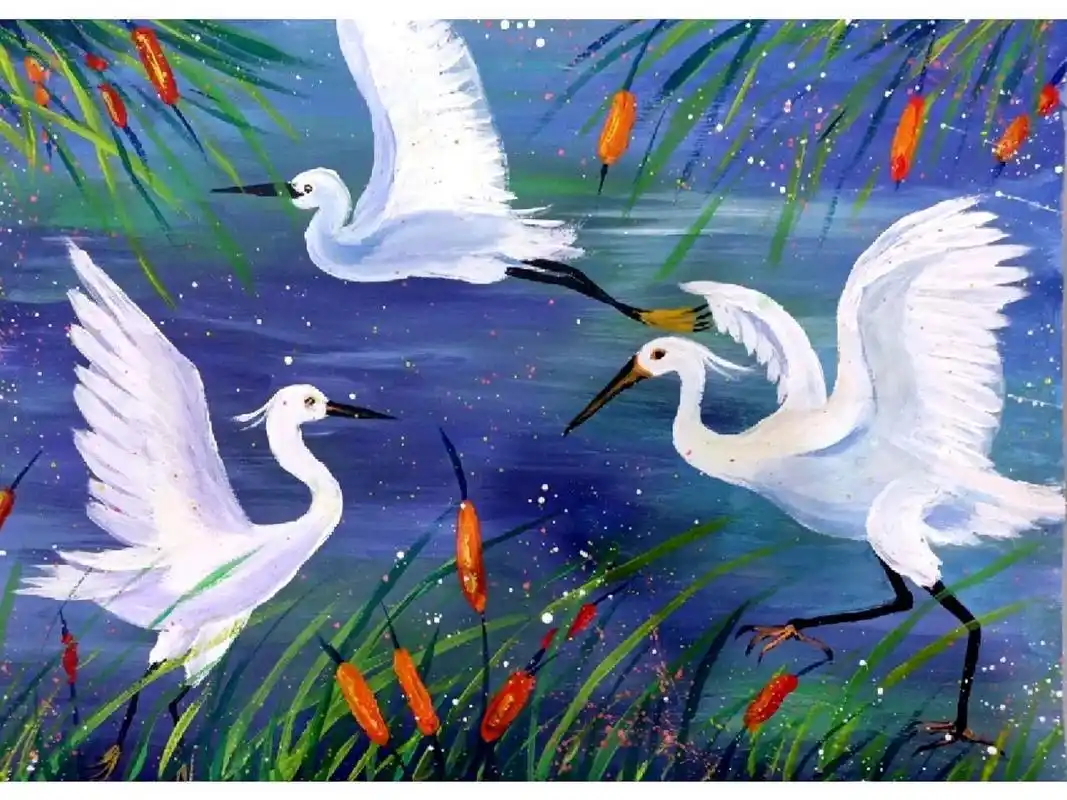 创意水粉画——《水边白鹭》 绘画主题:《水边白鹭》 适合年龄:8—10