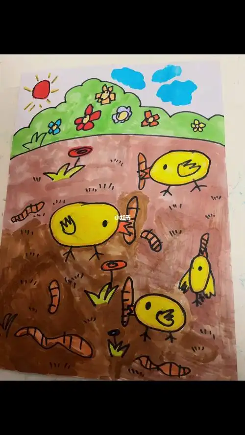 原创简笔画小鸡捉虫