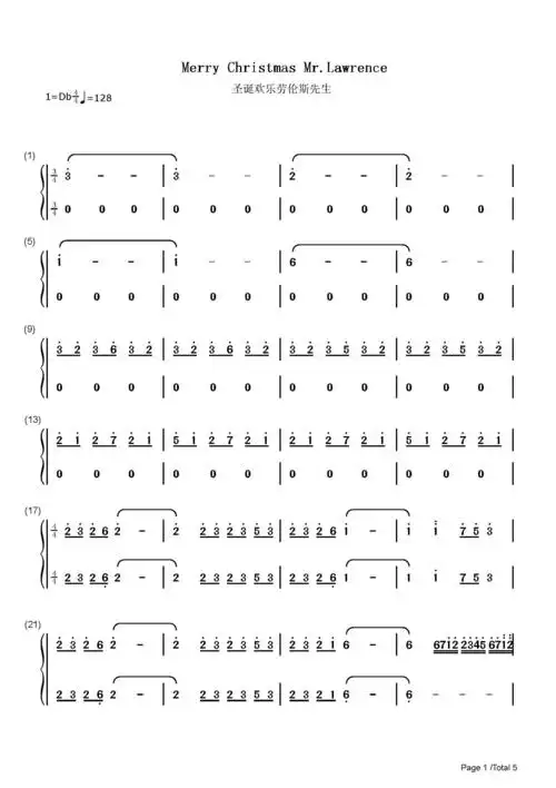 merrychristmasmrlawrence坂本龙一降d调流行钢琴简谱