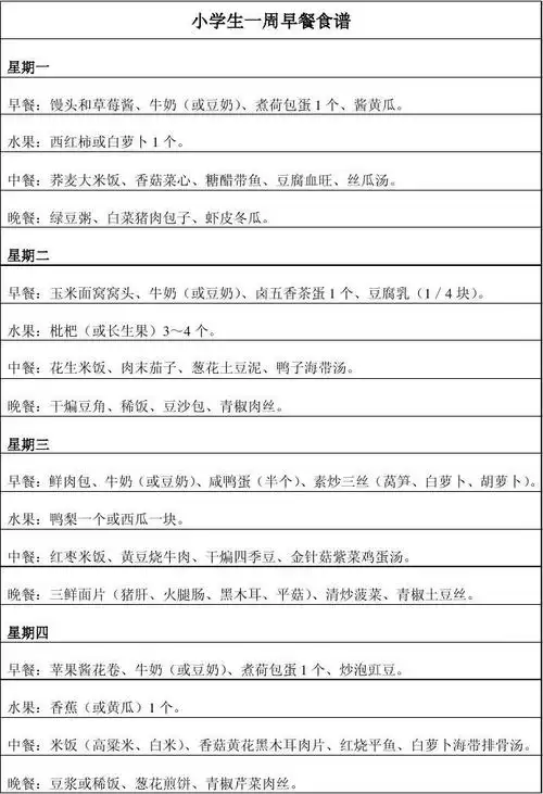 小学生一周早餐食谱