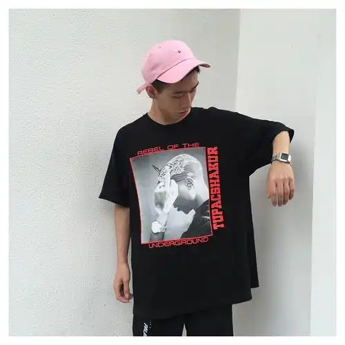 重磅潮vlone x 2pac竖中指t恤嘻哈纪念图帕克人像印花pop up短袖