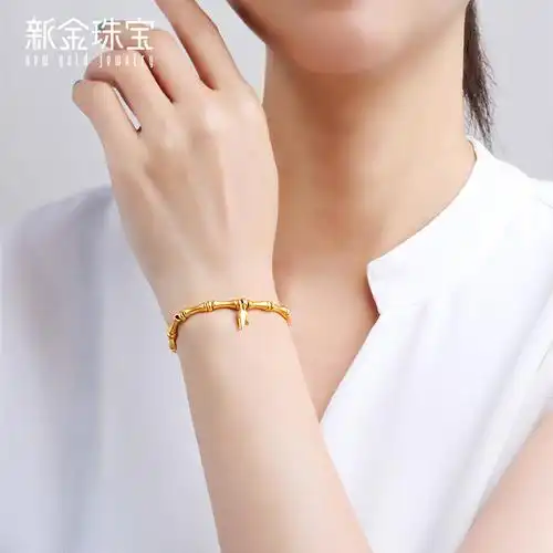 新金珠宝黄金竹叶手链足金999古法首饰3d硬金竹节手串送女友礼物1042