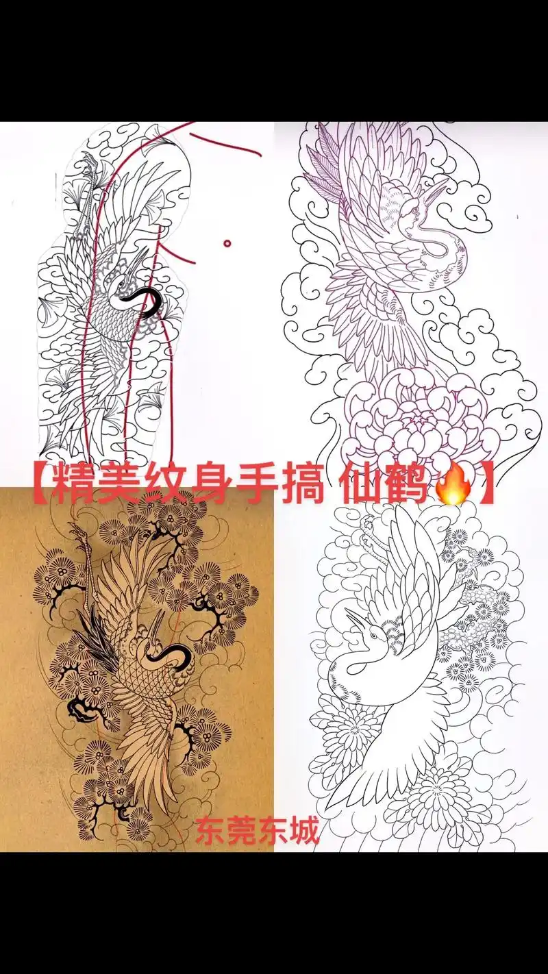 仙鹤 # #花臂 半甲仙鹤纹身手搞 #纹身手稿 #纹身