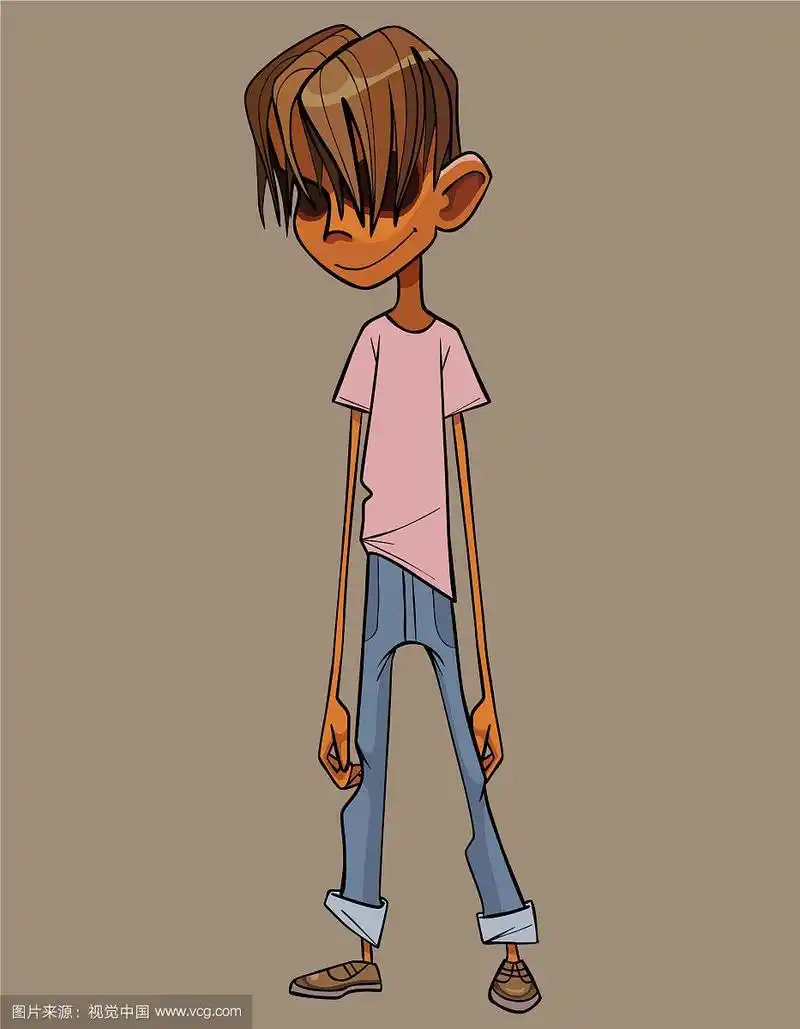 卡通瘦弱的男孩,长长的刘海遮住了他的眼睛