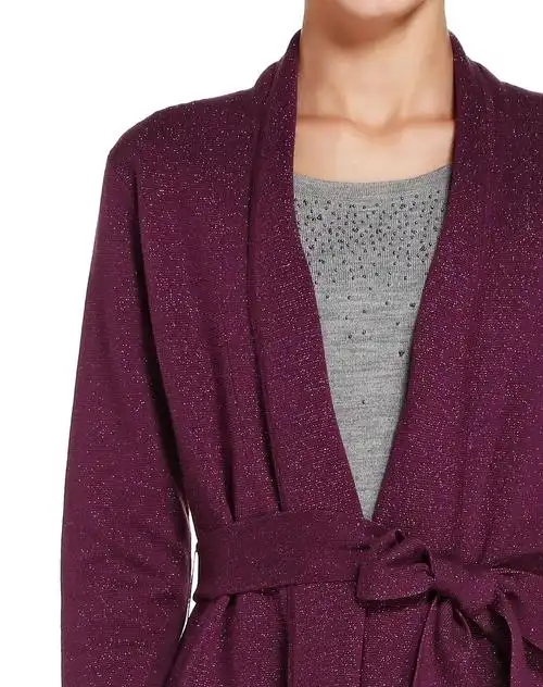 深玫红色闪耀气质长袖中长款针织外套